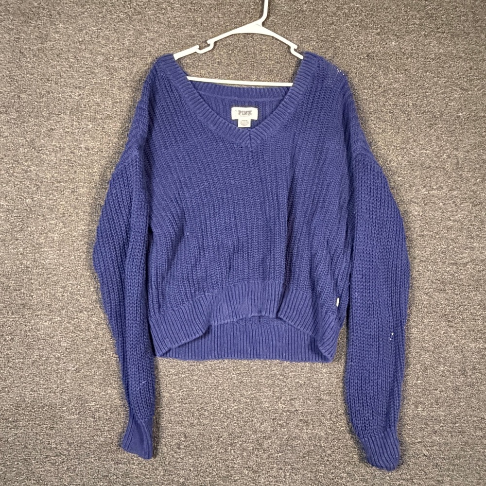 Victoria's Secret PINK Blue Chunky Knit V-Neck Cropped Sweater Womens Medium